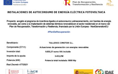 INSTALACIÓN DE AUTOCONSUMO DE ENERGÍA ELÉCTRICA FOTOVOLTAICA, AYUDA CONCEDIDA POR LOS FONDOS NEXT GENERATION